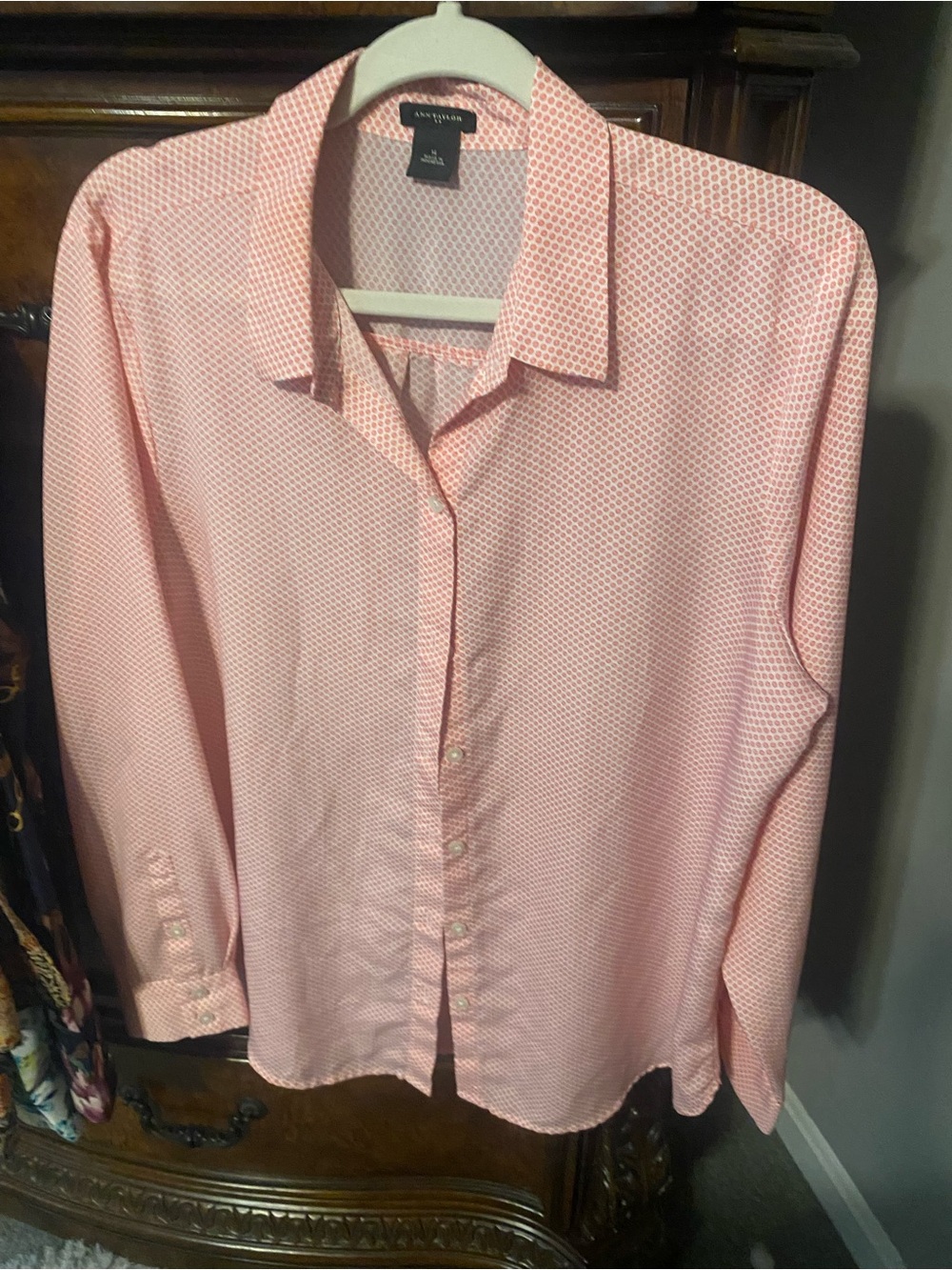 Ann Taylor Pink Geometric Print Button Down Shirt dots